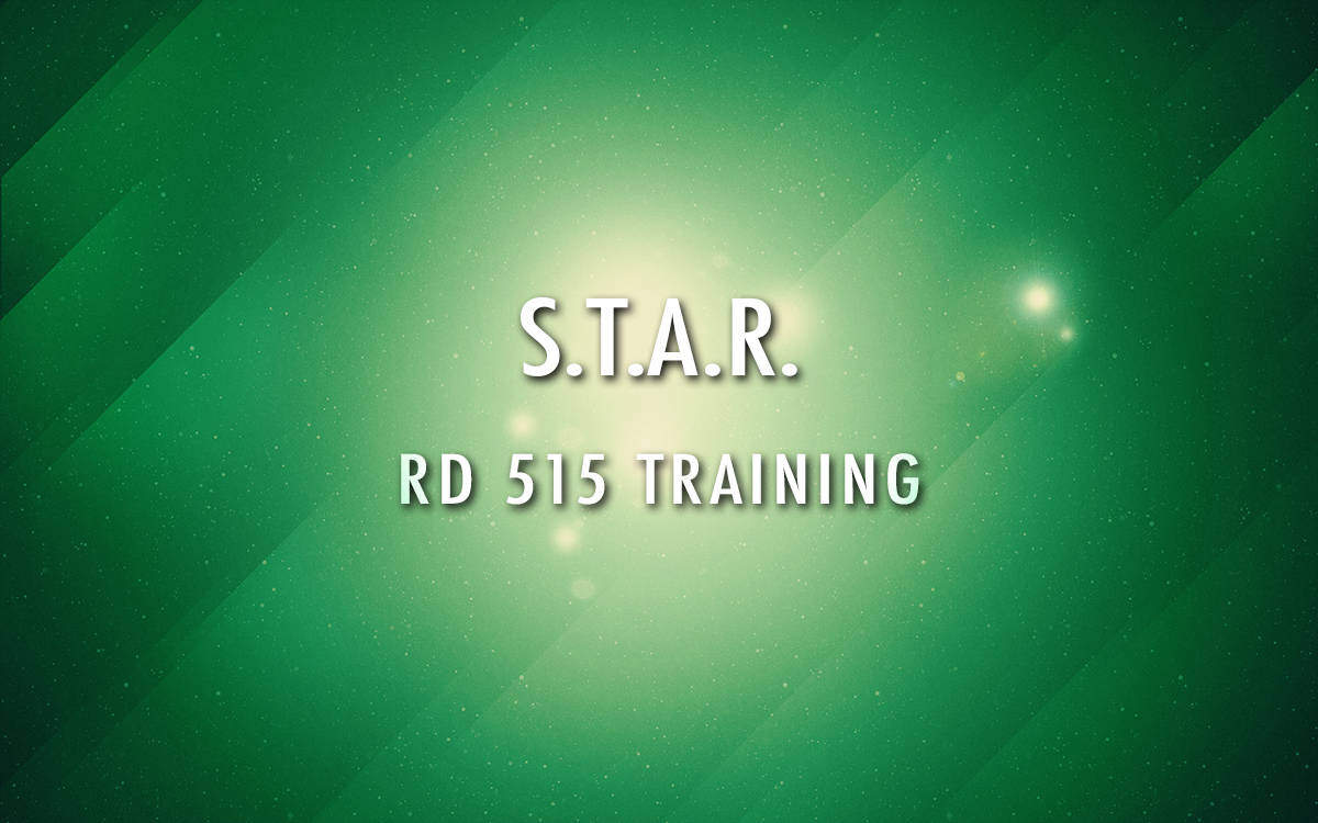 A green background with diagonal lines and star-like points of light. The text in the center reads "S.T.A.R." above "RD 515 TRAINING" in white, all caps.