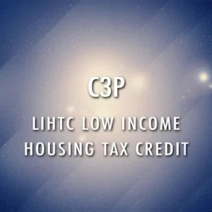 A blue gradient background with a soft glowing light at the center. The text in the middle reads "C3P LIHTC LOW INCOME HOUSING TAX CREDIT" in white, capital letters.