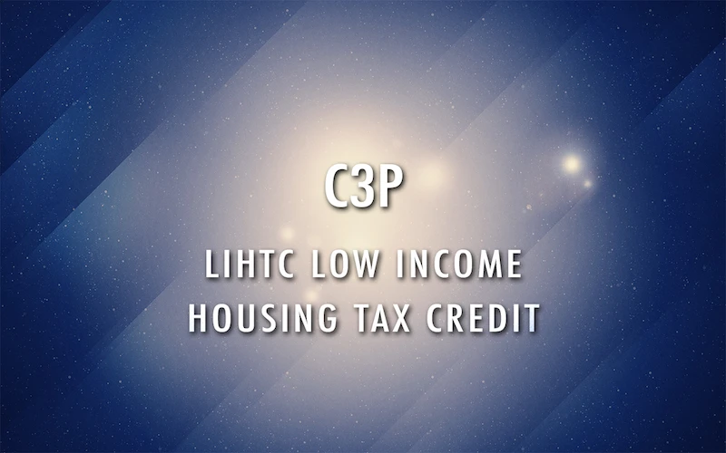 A blue gradient background with a soft glowing light at the center. The text in the middle reads "C3P LIHTC LOW INCOME HOUSING TAX CREDIT" in white, capital letters.