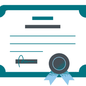 Illustration of the STAR Recertification certificate featuring a teal border and teal ribbon. The certificate includes lines for text, a designated signature area at the bottom left, and an official seal represented by a grey circle with blue ribbons at the bottom right.