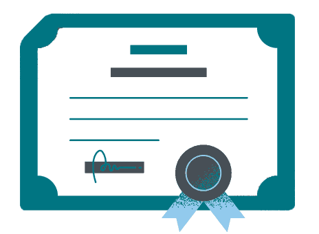Illustration of the STAR Recertification certificate featuring a teal border and teal ribbon. The certificate includes lines for text, a designated signature area at the bottom left, and an official seal represented by a grey circle with blue ribbons at the bottom right.